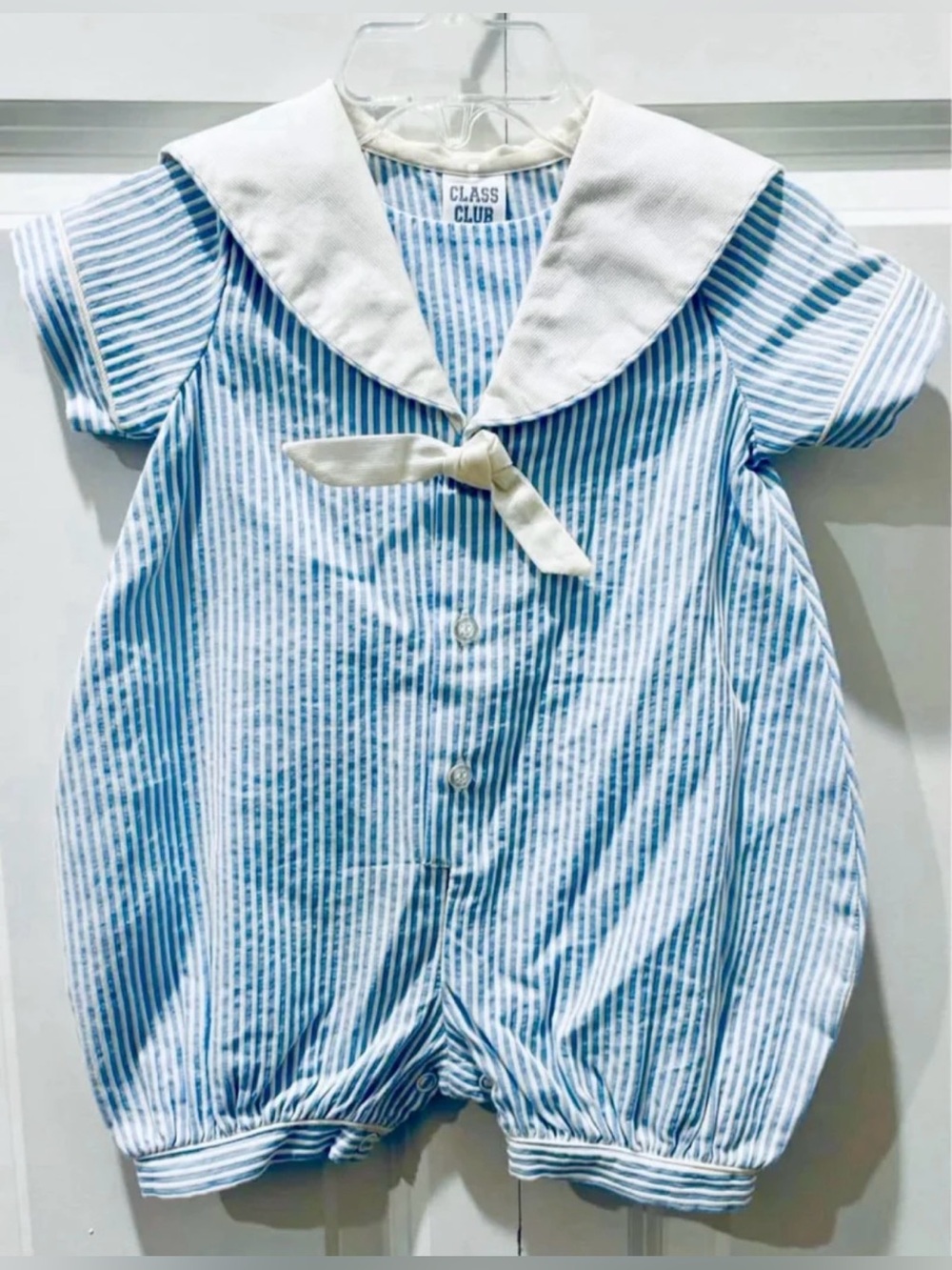 VTG Dillard’s Class Club Baby Boy Infant Nautical Blue Seersucker Romper 6M NWT